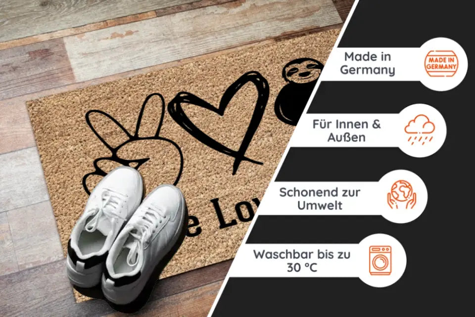 Fußmatte mit Design - "Peace, Love, Faultier"